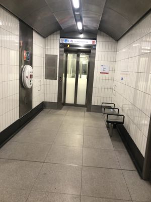 The lift at the end of the tunnel in exiting Liverpool street station at the Moorgate end